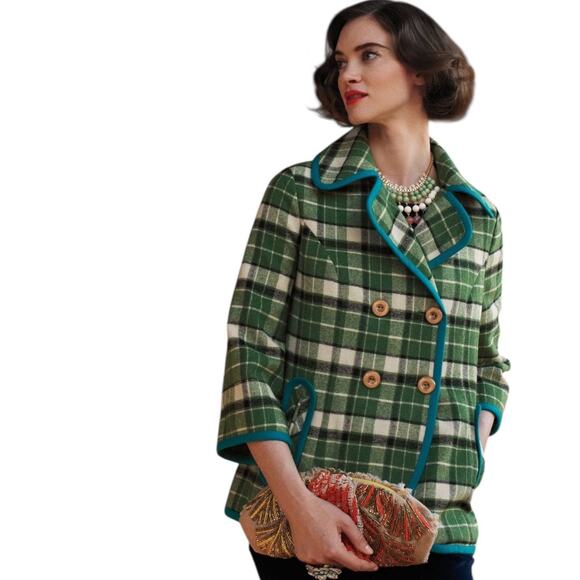 Tabitha Anthropologie Piper Green Plaid Pea Coat Wool Blend Blue Piping Size S - Picture 1 of 15
